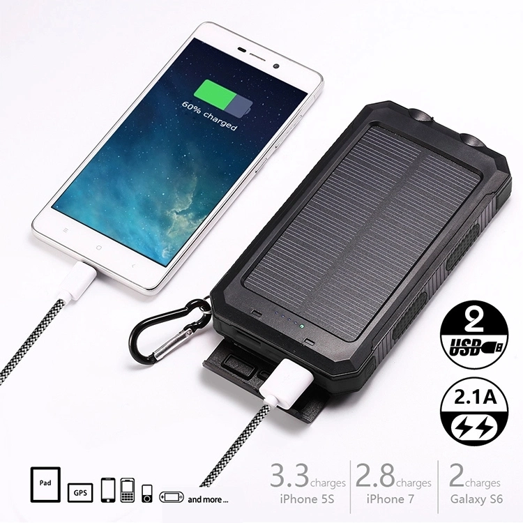 Waterproof Solar Power Bank 8000mAh Mobile Charger Portable Battery with LED Torch and Compass