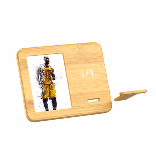 Supporto per telefono con cornice per foto in legno di bambù 3 in 1 Caricatore rapido wireless da 15 W