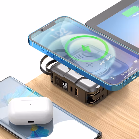 Regalo promozionale: batteria portatile ai polimeri da 10.000 mAh a ricarica rapida, power bank mobile con 3 cavi integrati, Typec, Micro-USB, Lightning