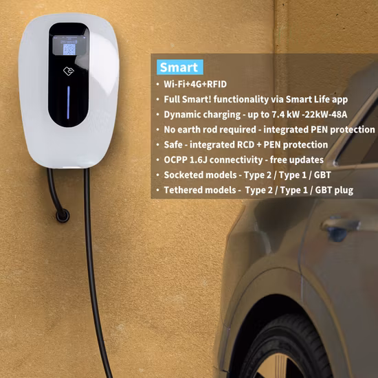 Weeyu WiFi Ocpp1.6j RS-485 CE RoHS Portata elencata Ricarica rapida 7kW 11kW 22kW Wallbox Caricatore per auto elettrica standard IEC Tipo 2 Stazione di ricarica EV